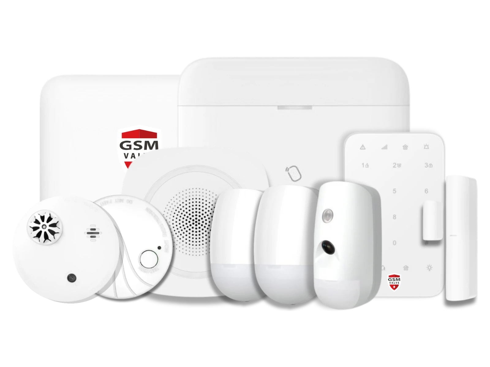 Plus package: hub, keypad, door and motion sensors, camera sensor, smoke and CO sensor, indoor and outdoor siren