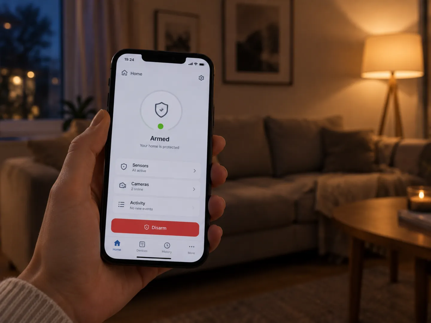 The alarm system app on a phone in the living room in the evening